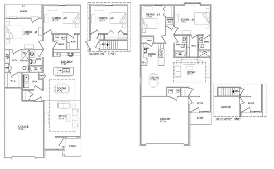 two separate two bedroom floor plans. One with Bedroom in the basement the other with garage in the basement.